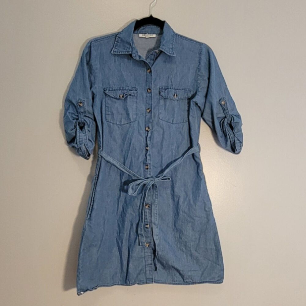 Speed Limit Cotton Chambray Button Shirt Dress Women's Small Belted Pockets